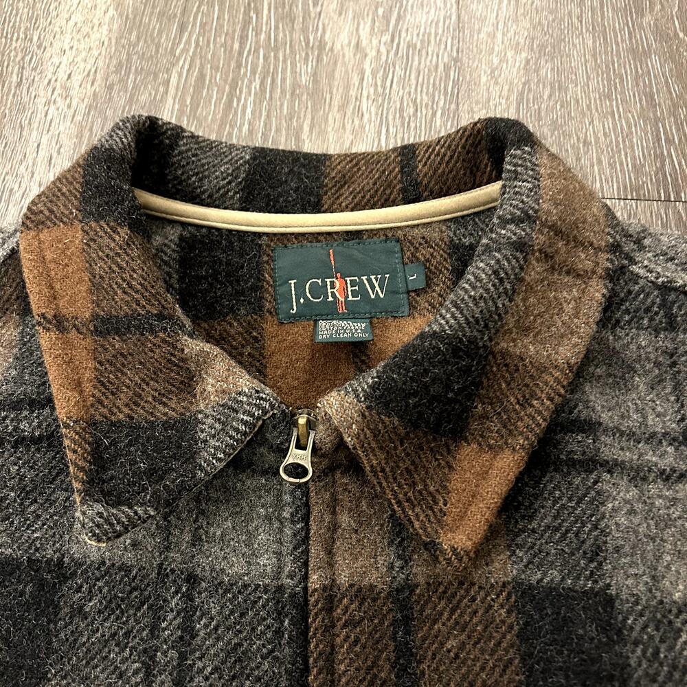 Vintage J.Crew Made in USA Wool Plaid Zip Jacket Brown Gray Check L Workwear EUC - Picture 14 of 16